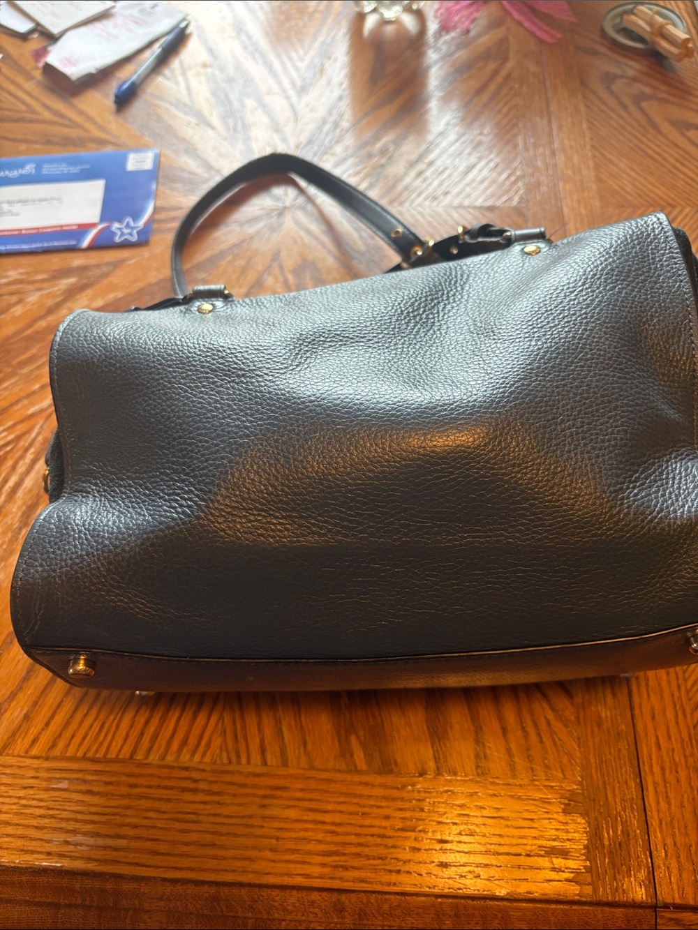 Coach Navy Pebbled Leather Satchel with suede sides and gold Hardware - Picture 2 of 9